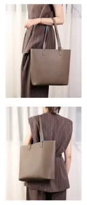 Genuine leather tote bag, large capacity minimalist shoulder bag for women daily commute.