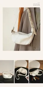 Minimalist leather crescent dumpling shoulder crossbody bag, chic casual chic daily purse style.