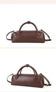 Dark brown leather Boston bag, chic long cylindrical design, elegant shoulder handbag.
