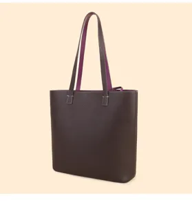Genuine leather tote bag for women, large capacity shoulder bag with contrasting lining.