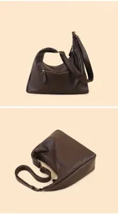 Brown leather hobo shoulder bag detail view, large capacity casual tote purse for women.