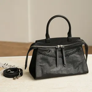 Black genuine leather handbag tote bag vintage wrinkled crossbody bag for women commute