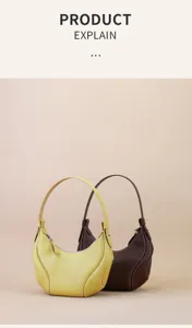 Detailed view of genuine leather crescent hobo shoulder bags in yellow and brown colors.