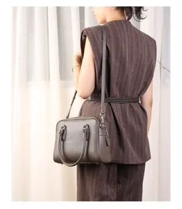 Grey leather Boston shoulder bag for women, casual commuting crossbody bowling handbag stylish