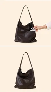 Dark brown retro leather shoulder bag detail, large capacity underarm tote with front pocket.