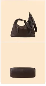 Detailed view of dark brown leather shoulder bag, stylish casual tote for daily commute.