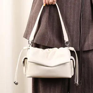 Women Genuine Leather Shoulder Bag Casual Pleated Drawstring Cloud Bag Retro Commuter Underarm Handbag