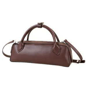 Genuine leather brown Boston bag women's shoulder crossbody pillow handbag commute style.