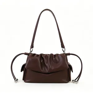 Brown leather shoulder bag with ruched design and stylish drawstring metal bead accents for women
