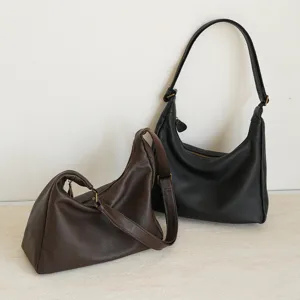 Large capacity women leather shoulder bag hobo commuting daily casual handbag black brown