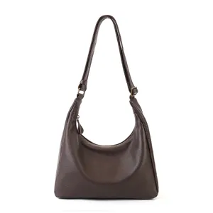 Classic dark brown leather shoulder bag for women, spacious hobo handbag for daily work or casual use.