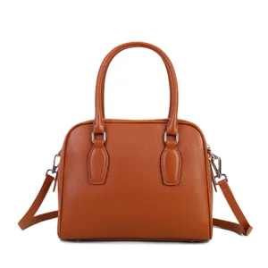 Brown leather Boston handbag, stylish top handle shoulder crossbody bag for daily work and leisure.