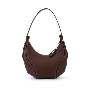Brown Leather Crescent Underarm Bag Stylish Minimalist Hobo Shoulder Bag for Women