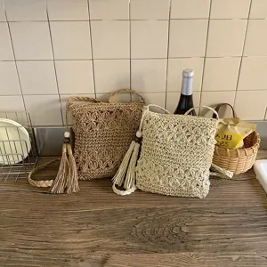 Bolso cubo de paja trenzada mujer verano bolso cruzado informal con diseño de borlas de moda