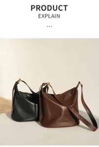 Detailed view of casual soft leather shoulder bags in black and brown with metal hardware.