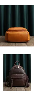 Leather backpack detail view showing premium cowhide texture, metal zippers and straps.