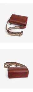 Brown leather crossbody pillow bag with ethnic woven strap for women daily casual wear