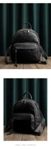 Vintage genuine leather backpack for women, casual black travel daypack with large capacity.