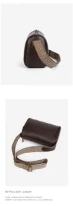 Retro dark brown leather shoulder bag with wide vintage woven strap for women daily wear.