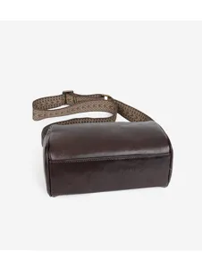 Brown genuine leather shoulder bag detail, retro pillow bag with ethnic strap for women.