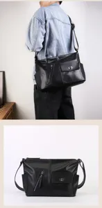 Stylish black leather shoulder bag for men and women, daily crossbody bag.