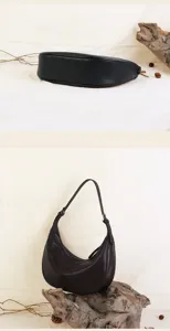 Leather hobo crescent bag detail view showing smooth texture, curved silhouette and premium hardware.