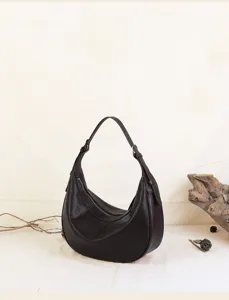 Retro dark brown genuine leather crescent hobo shoulder bag, casual everyday underarm bag.