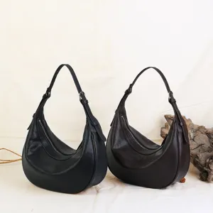 Genuine leather crescent hobo shoulder bag for women, retro casual underarm tote bag.