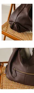 Dark brown leather hobo shoulder bag, retro slouchy commuter tote bag, premium design.