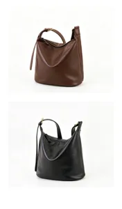 Detailed view showing slouchy soft leather hobo shoulder bag with strap and metal buckle