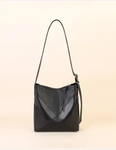 Black genuine leather bucket bag, simple slouchy crossbody shoulder tote for daily commute.