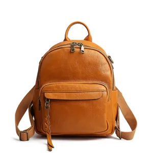 Vintage genuine leather backpack for women, large capacity casual brown travel daypack