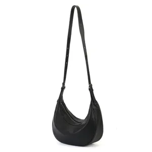 Black Leather Crescent Hobo Bag Vintage Underarm Shoulder Crossbody Bag For Women