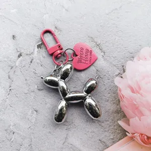 Silver balloon dog keychain with pink heart pendant cute bag charm accessory for women girls