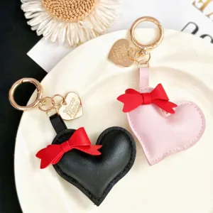Ins Sweet Heart Leather Keychain Bowknot PU Leather Heart Pendant Car Key Ring Bag Hanging Ornament Fashion Accessories