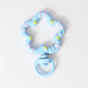Blue flower shaped spring clasp detail, painted DIY metal keychain hanging ring accessory.