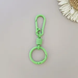 Close-up view of a light green zinc alloy spring keychain ring buckle with smooth finish.