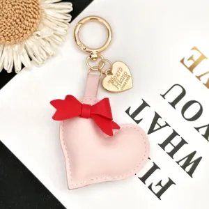 Pink leather heart keychain with red bow cute metal ring bag charm car key holder accessory