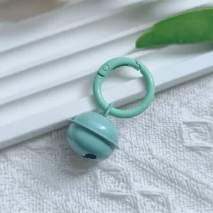 Detailed shot of a mint green metal bell pendant keychain with spring snap hook, DIY charm.