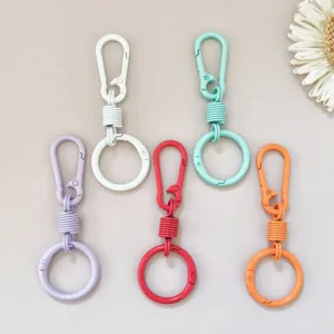 Zinc alloy colorful spring keychain buckle detail, multi-color carabiner ring hook accessory.