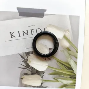 Black metal spring ring snap hook for keys, bags, and plush toy accessories detail.