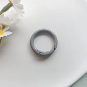 Close up detail of grey metal spring ring buckle accessory, 25mm round key chain pendant.