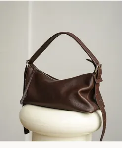 Retro brown cowleather shoulder bag, vintage hobo underarm pillow bag for women daily use