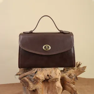 Classic dark brown genuine leather envelope bag, minimalist commuter messenger bag for women.
