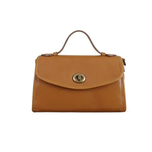 Brown leather shoulder bag for women, classic flap design with turn-lock closure.
