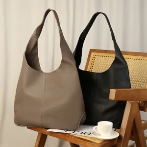 Women Genuine Leather Tote Bag Large Capacity Lazy Style Bucket Bag Commuting Underarm Shoulder Handbag