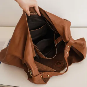 Stylish brown genuine leather tote bag for women, large capacity shoulder bag for daily work.