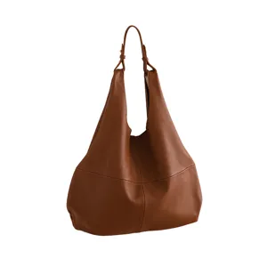 Brown leather hobo shoulder bag for women, large capacity minimalist tote for daily commute.