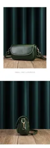 Dark green leather crossbody bag detail, soft compartment design with metal clasp for women.