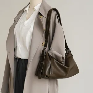 Retro Top Layer Cowhide Pillow Bag Luxury Large Capacity Hobo Shoulder Underarm Bag Women Fashion Leather Handbag